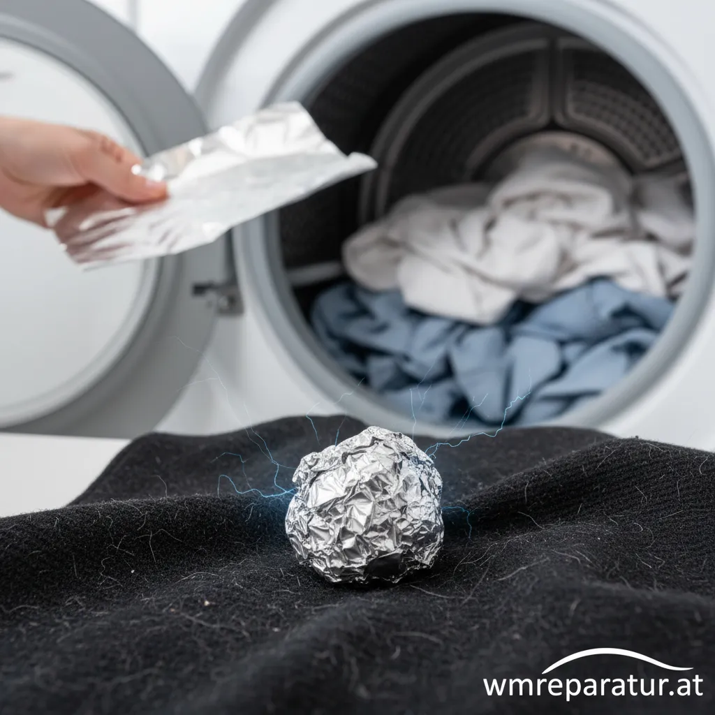 Aluminiumfolie-Ball liegt auf einem Stapel Wäsche im Trockner