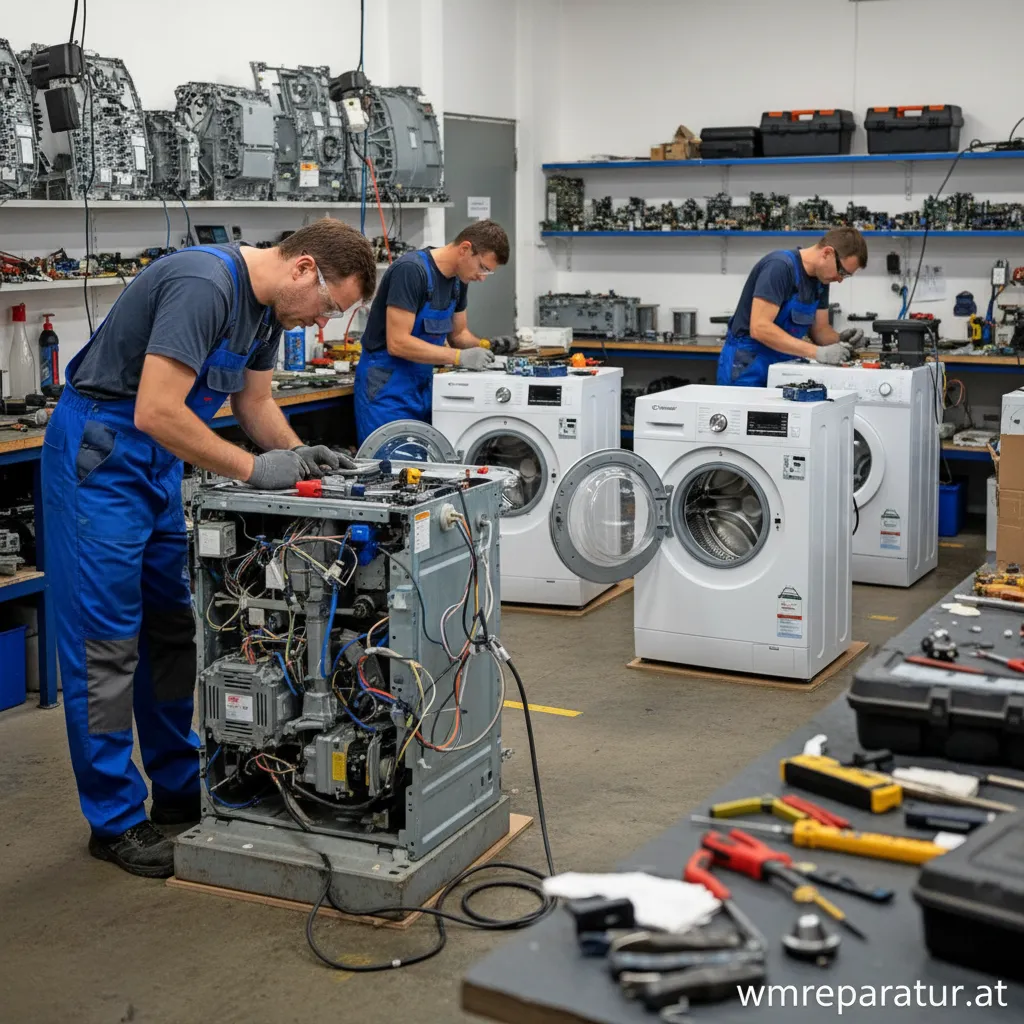 Eine Candy Waschmaschine von vorne fotografiert in einer hellen Werkstattumgebung