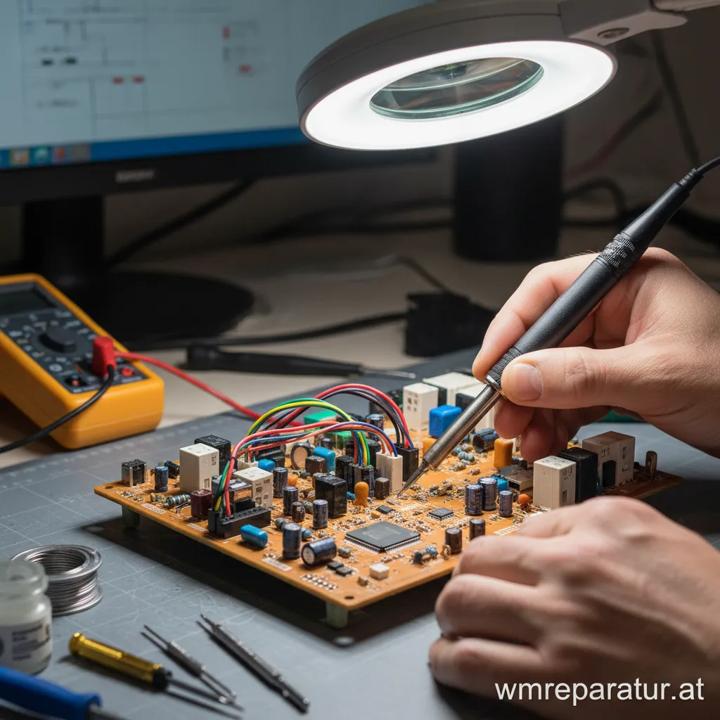 Nahaufnahme einer elektronischen Steuerplatine während der Reparatur