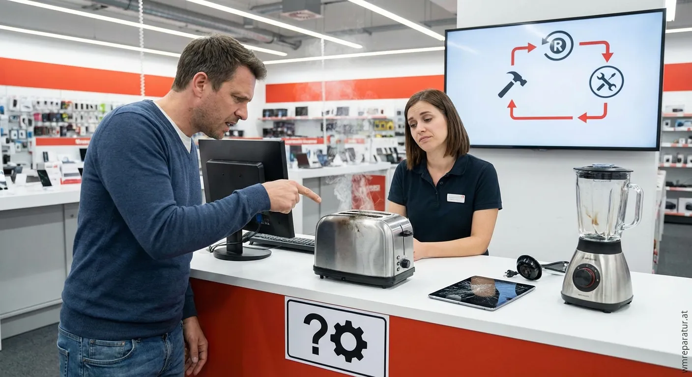 Mann prüft defekte Waschmaschine und liest Garantiebestimmungen