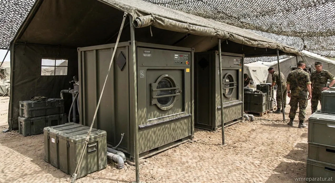 Militärische Waschmaschine in einer Feldwäscherei mit Soldaten