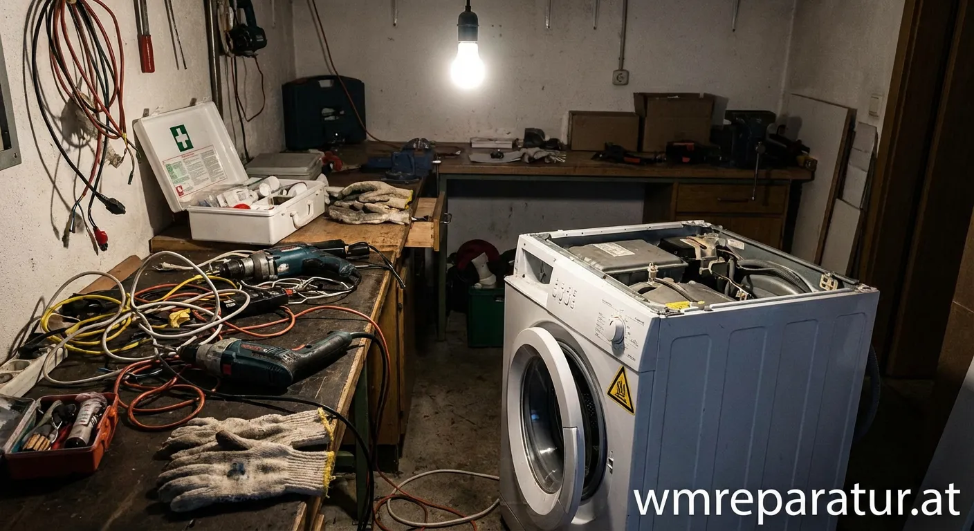 Werkzeug und defektes Haushaltsgerät mit Warnhinweis