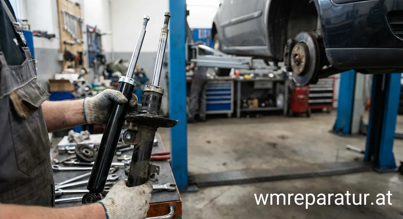 Mechaniker wechselt Stoßdämpfer an einem Auto
