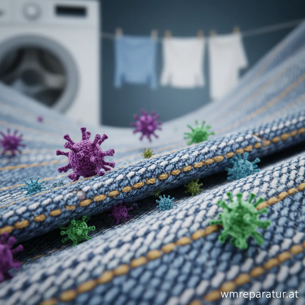 Mikroskopische Aufnahme von Viren auf einer Textiloberfläche.