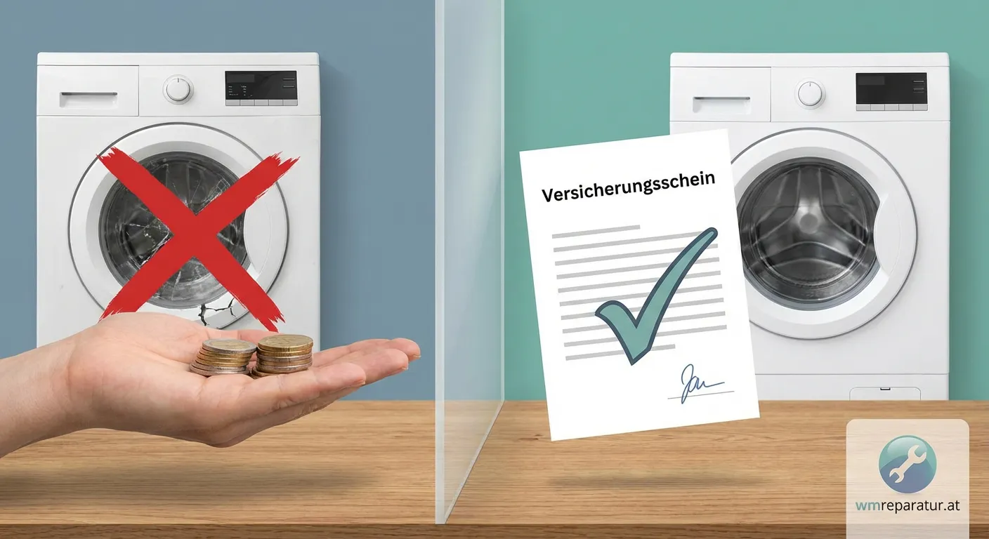Waschmaschine mit Versicherungspapieren auf Küchenarbeitsplatte