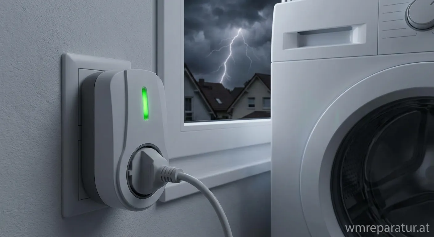 Waschmaschine und Überspannungsschutzstecker vor Gewitterhintergrund