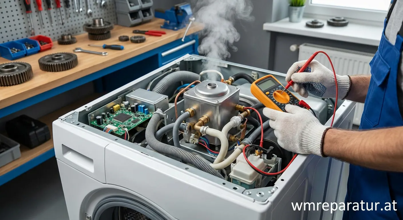 Techniker repariert Waschmaschine mit Dampffunktion