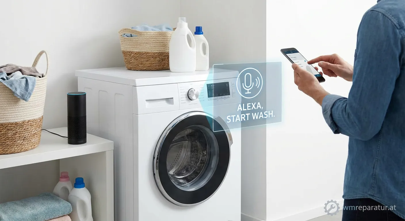 Moderne smarte Waschmaschine mit Alexa Sprachsteuerung im Badezimmer