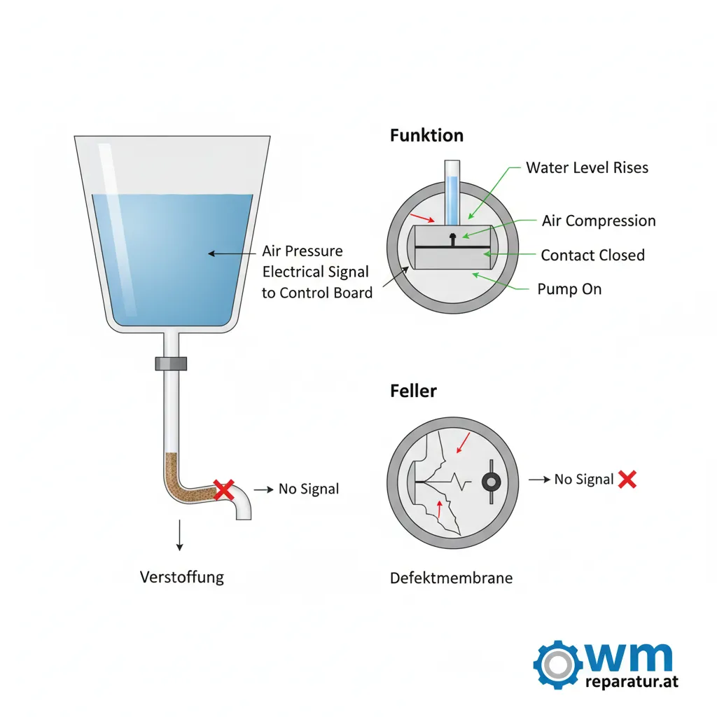 Ein Druckwächter einer modernen Waschmaschine wird von einem Techniker überprüft