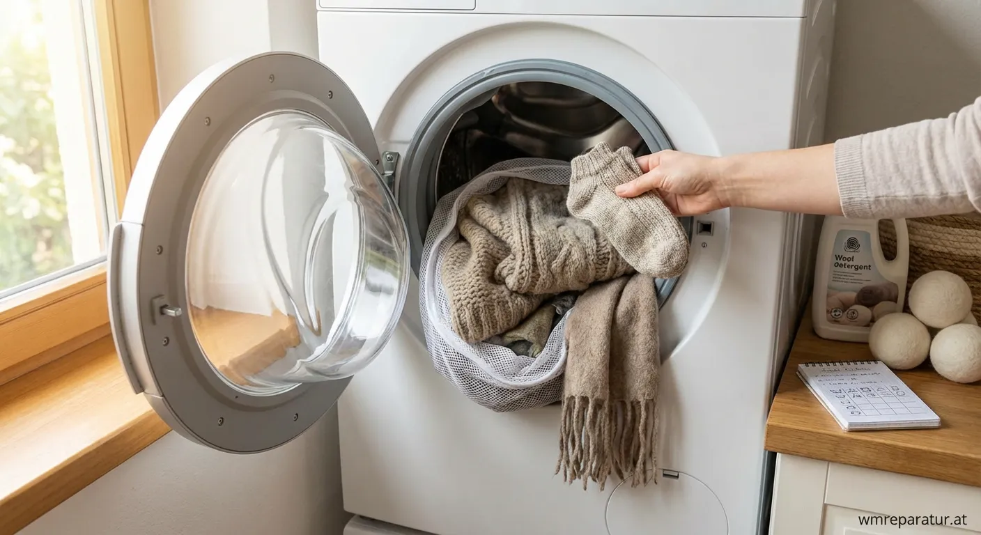 Wollpullover wird in der Waschmaschine gewaschen